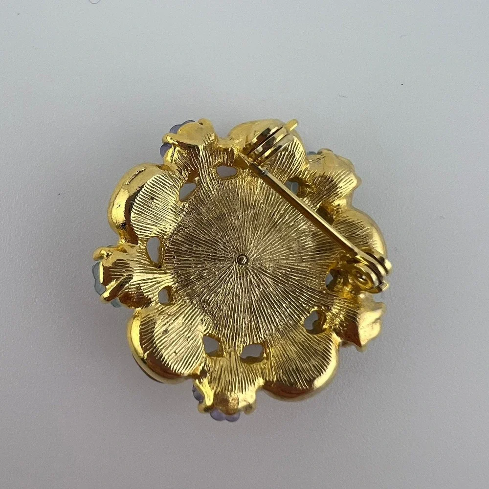 Vintage Floral Cabochon Brooch Pastel Flower Cluster‎ Gold Tone Round Pin